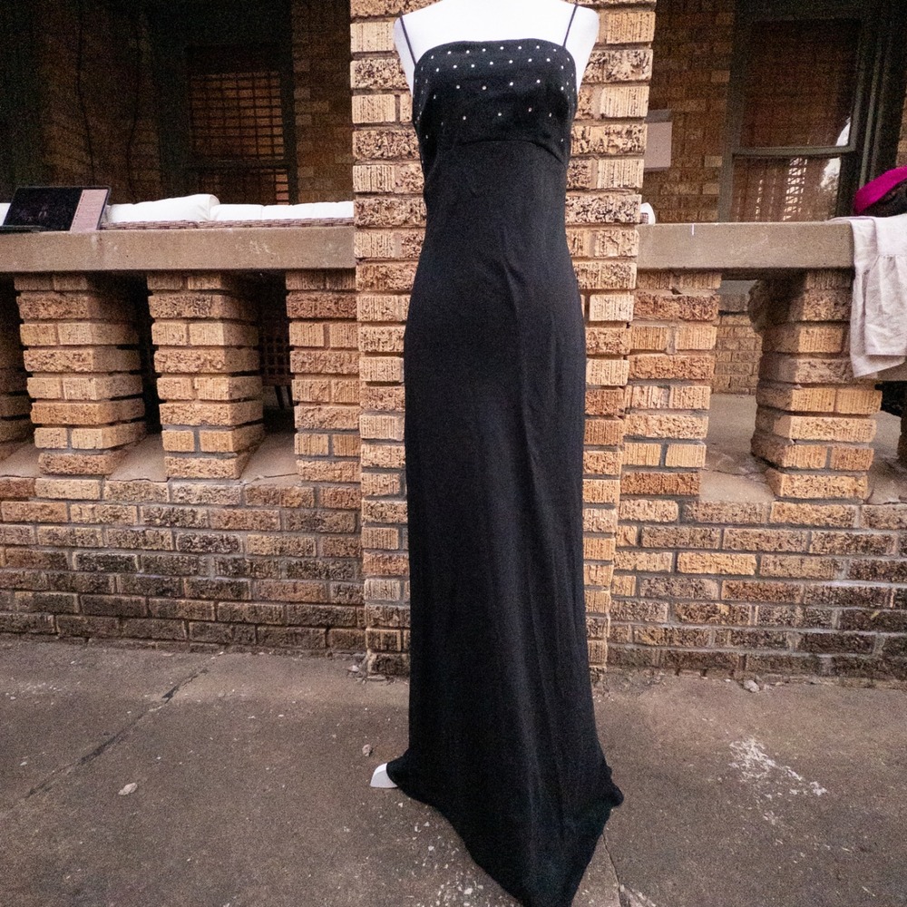 Vintage Zum Zum Black Rhinestone Corset Back Maxi Dress Size 9/10 90s Prom